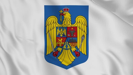 Romania national emblem or symbol in waving flag. smooth 4k video seemless loop