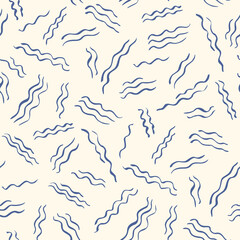 Hand Drawn Artsy Waves Vector Seamless Pattern. Sea NAutical Summer Print. Monochrome Hand Painted Blue and White Background