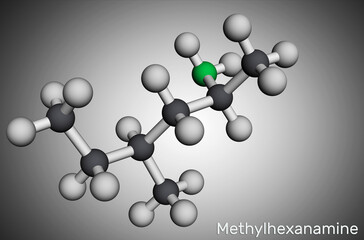 Methylhexanamine, methylhexamine, dimethylamylamine, DMAA molecule. It is alkylamine, indirect sympathomimetic drug. Molecular model. 3D rendering