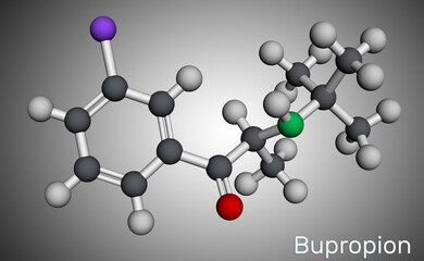 Bupropion molecule. It is aminoketone antidepressant, used in therapy of depression and smoking cessation. Molecular model. 3D rendering