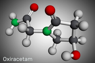 Obraz premium Oxiracetam molecule. It is is a nootropic drug of the racetam family, very mild stimulant. Molecular model. 3D rendering