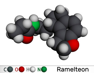 Ramelteon molecule. It is sleep agent, melatonin receptor agonist used to treat insomnia. Molecular model. 3D rendering.