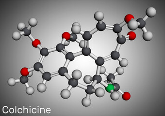 Colchicine molecule. It is alkaloid with anti-gout and anti-inflammatory activities, used in the symptomatic relief of pain. Molecular model. 3D rendering.