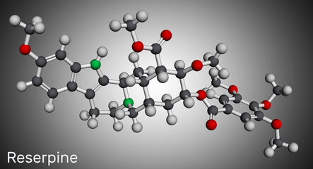 Reserpine alkaloid molecule. It is antihypertensive drug, used for the treatment of high blood pressure. Molecular model. 3D rendering