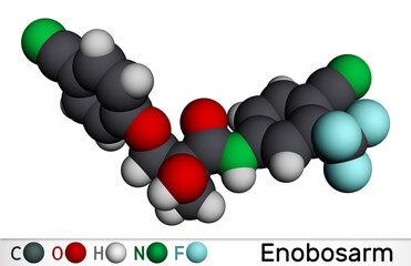 Enobosarm, ostarine molecule. It is non-steroidal agent with anabolic activity, selective androgen receptor modulator SARM. Molecular model. 3D rendering