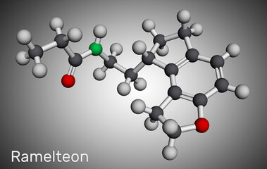 Ramelteon molecule. It is sleep agent, melatonin receptor agonist used to treat insomnia. Molecular model. 3D rendering