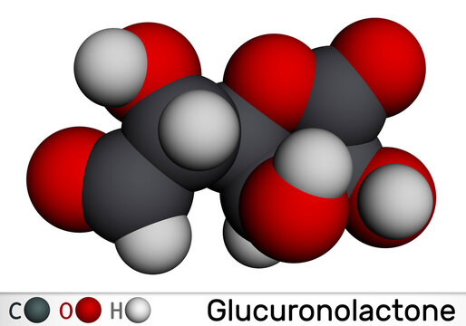 Glucuronolactone molecule. It is naturally occurring substance, used in energy drinks. Molecular model. 3D rendering.