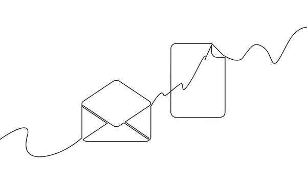 recommend clip art: Continuous line drawing of envelope with paper, business growth, object one line, single line art, vector illustration