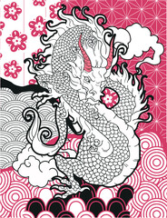 hand drawn japanese vector dragonon bright patterns	
