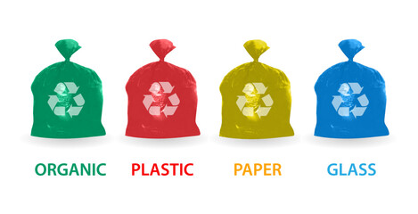 Separate garbage plastic sacks. Realistic  waste bags for different types of trash. Waste sorting and environmental improvement