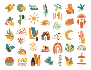 Mexican color shapes, sun and moon, floral elements in abstract flat cartoon style. Vector illustration of doodle style objects, sunset and sunrise, cactus plants and rainbows