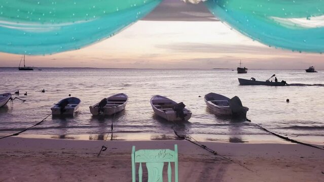Sunset BEACH WEDDING DECORATION FRONT  caribbean SEA island, tilt down close up, Los Roques