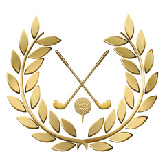 golden laurel wreath with golf symbols on white background