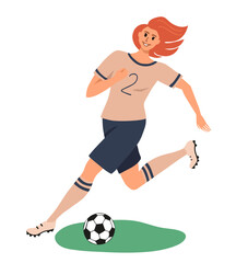 Smiling girl soccer player running kicking a ball with the number 2 on a t-shirt. Woman playing football. Bright colorful female character isolated on white background. Vector illustration.