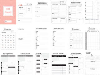 Diet Planner, this planner contains Diet planner, water tracker, workout challenge, meal planner guide, routine and habit tracker, with goals planner too