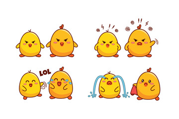 Set of cute couple little duck or little chick for social media sticker emoji angry laughing out loud cry emoticon