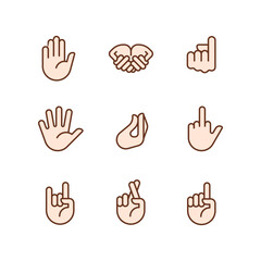 Obraz premium Gestures expression pixel perfect RGB color icons set. Non verbal communication. System of visual symbols. Isolated vector illustrations. Simple filled line drawings collection. Editable stroke
