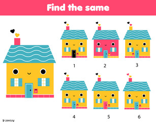 Children educational game. Find two same pictures of cute houses - 525066558