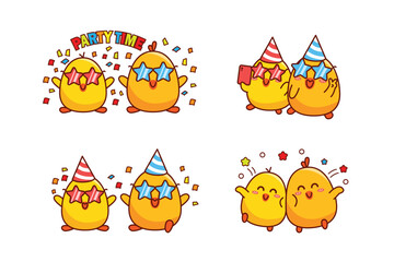 Set of cute couple little duck or little chick for social media sticker emoji party time and feel happy emoticon