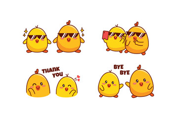 Set of cute couple little duck or little chick for social media sticker emoji wearing sunglasses take a picture say thank you and bye bye emoticon © feyla gallery