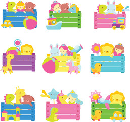 Collection of kids toys in wooden toy boxes. Set of Clip art for kids zone, toy shops and stores, clubs and other baby games theme
