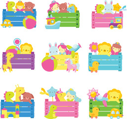 Naklejka premium Collection of kids toys in wooden toy boxes. Set of Clip art for kids zone, toy shops and stores, clubs and other baby games theme