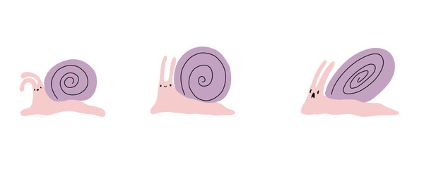 Snail. Cute hand drawn snail character. Children kawaii marine water snail emotions. Vector illustration on a white background.