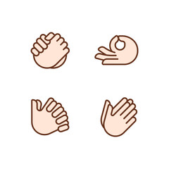 Gestures communication pixel perfect RGB color icons set. Hand position signals. Expression and greeting. Isolated vector illustrations. Simple filled line drawings collection. Editable stroke