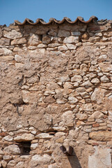 Athens, Greece / July 2022: Wine making facility ruins dating to 1875. Detail of wall stone work