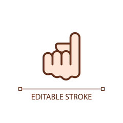 Index finger pointing up pixel perfect RGB color icon. Showing upward direction. Hand gesture. Isolated vector illustration. Simple filled line drawing. Editable stroke. Arial font used