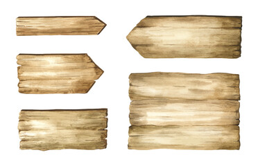 Watercolor wooden sign boards and arrows set. Watercolor hand-drawn pointers. Signs and signs made of wood.