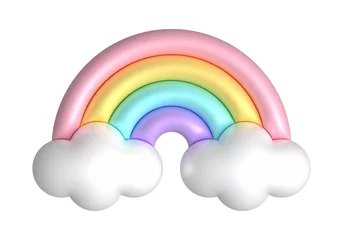 Foto op Canvas 3d rainbows in candy pastel color purple, blue, yellow, pink. Cute plastic rainbow with clouds. 3d rendering spring illustration suitable for decoration of Birthday, product, banner, social networks. © Viktoriia Melkisheva