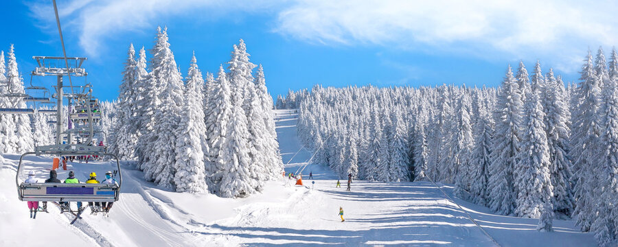 Panorama of ski resort, slope, ski lift