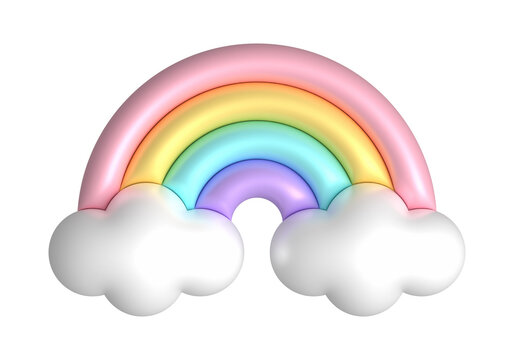 3d rainbows in candy pastel color purple, blue, yellow, pink. Cute plastic rainbow with clouds. 3d rendering spring illustration suitable for decoration of Birthday, product, banner, social networks.