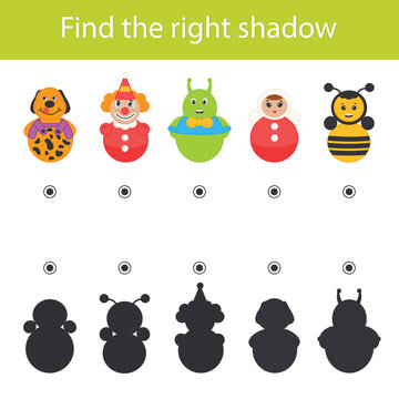 Game for the development of logic for children. Find the correct shadow. Cartoon vector  illustration of a roly-poly