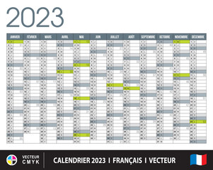 Planning calendrier français 2023. Textes 100% vectorisés. Vecteur multi calques. Eléments et couleurs facilement modifiables et personnalisables