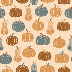 Thanksgiving seamless pattern. Pumpkins on a beige background. Harvest season. Happy Thanksgiving vector pattern. Fall pattern. Autumn design for fabric, paper, cover, interior decor.