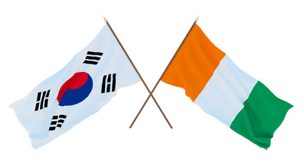 Background, 3D render for designers, illustrators. National Independence Day. Flags South Korea and Côte d'Ivoire