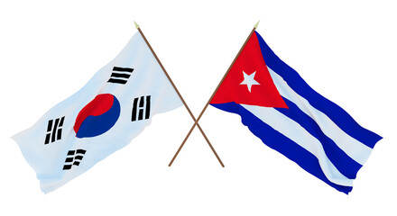 Fototapeta premium Background, 3D render for designers, illustrators. National Independence Day. Flags South Korea and Cuba