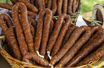 Dry sausage in a market