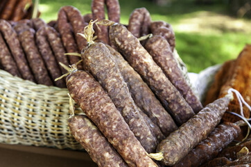 Dry sausage in a market
