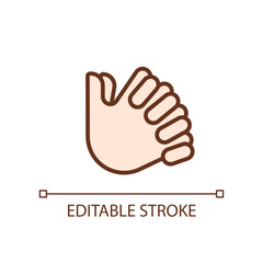 Clasped hands pixel perfect RGB color icon. Crossed fingers. Body language signal. Closed pose. Isolated vector illustration. Simple filled line drawing. Editable stroke. Arial font used