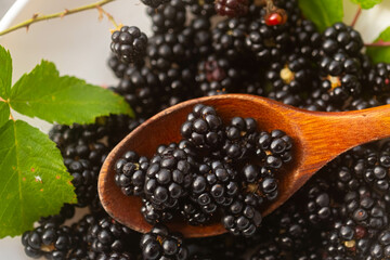 Closeup blackberry forest in a wooden spoon and green leaves. Blur and selective focus.