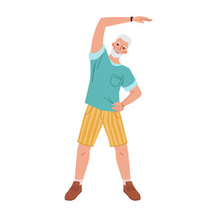 Cartoon old person training stretching hand aside, yoga fitness classes. Vector flat cartoon personage doing sport exercises, sportsman training workout. Healthy lifestyle wellness wellbeing
