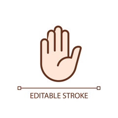 Obraz premium Stop gesture pixel perfect RGB color icon. Prohibition and restriction awareness. Body language. Isolated vector illustration. Simple filled line drawing. Editable stroke. Arial font used