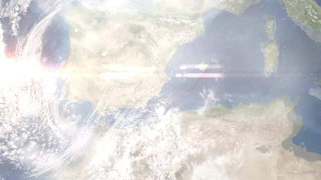 Earth zoom in from outer space to city. Zooming on Torrevieja, Spain. The animation continues by zoom out through clouds and atmosphere into space. Images from NASA