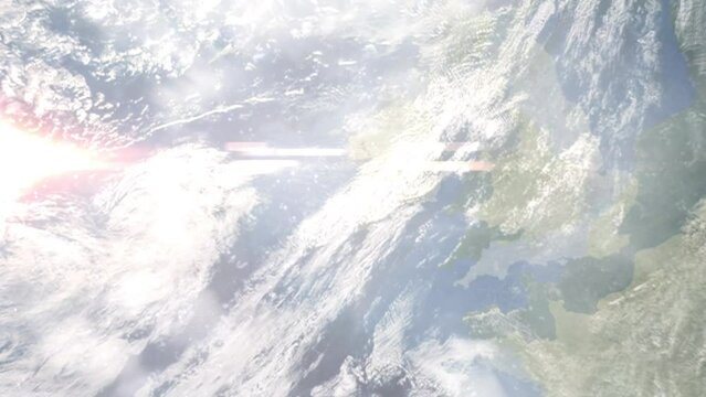 Earth zoom in from outer space to city. Zooming on Tralee, Kerry, Ireland. The animation continues by zoom out through clouds and atmosphere into space. Images from NASA