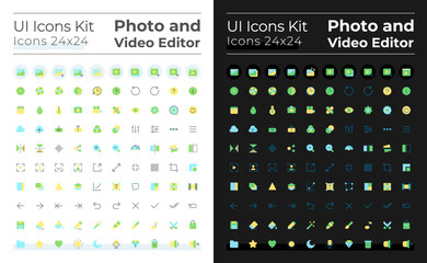 Fototapeta Photo and video editor flat color ui icons set for dark, light mode. Media files editing tools. GUI, UX design for mobile app. Vector isolated RGB pictograms. Montserrat Bold, Light fonts used obraz