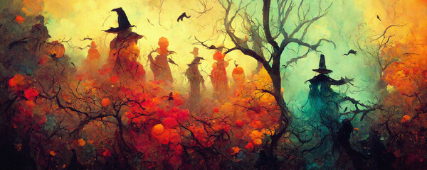 Creepy halloween background, ghosts and witches in spooky forest - obrazy, fototapety, plakaty