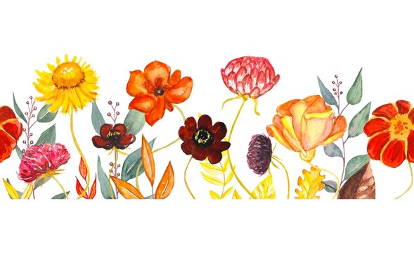 Floral seamless border with autumn buds, watercolor